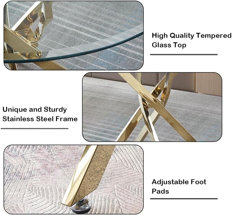 Miniatura 4 de Mesa de comedor moderna de vidrio redonda con parte superior de vidrio templado, base de acero inoxidable dorado, para oficina en casa, cocina,