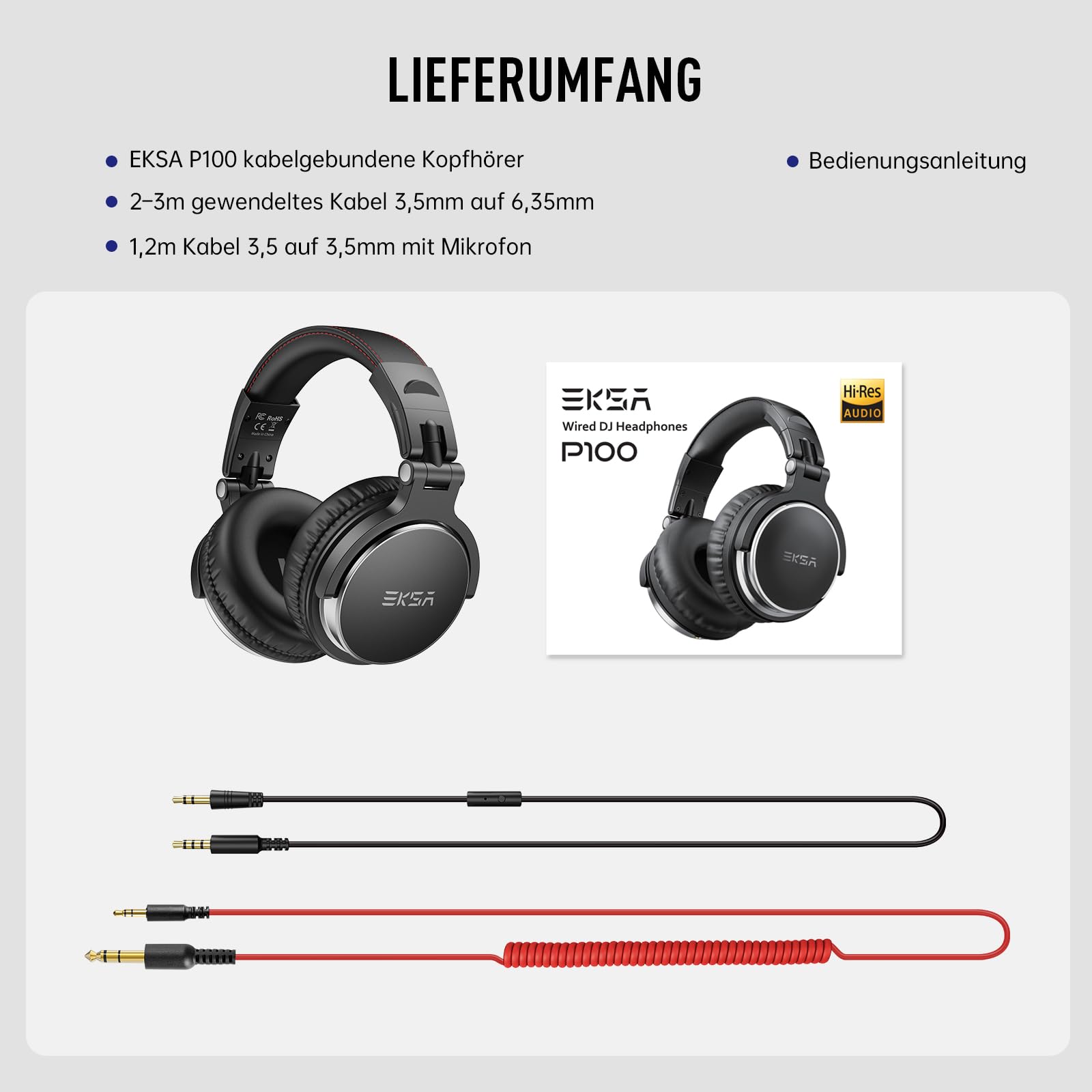 EKSA P100 Kopfhörer mit Kabel, Studio Monitor Kopfhörer mit Stereo-Sound, Hi-Res DJ Kopfhörer 6,35mm & 3,5mm Klinke, Kabelkopfhörer für Computer, Studio, Aufnahme, Mischpult, Gitarre, MP3/4