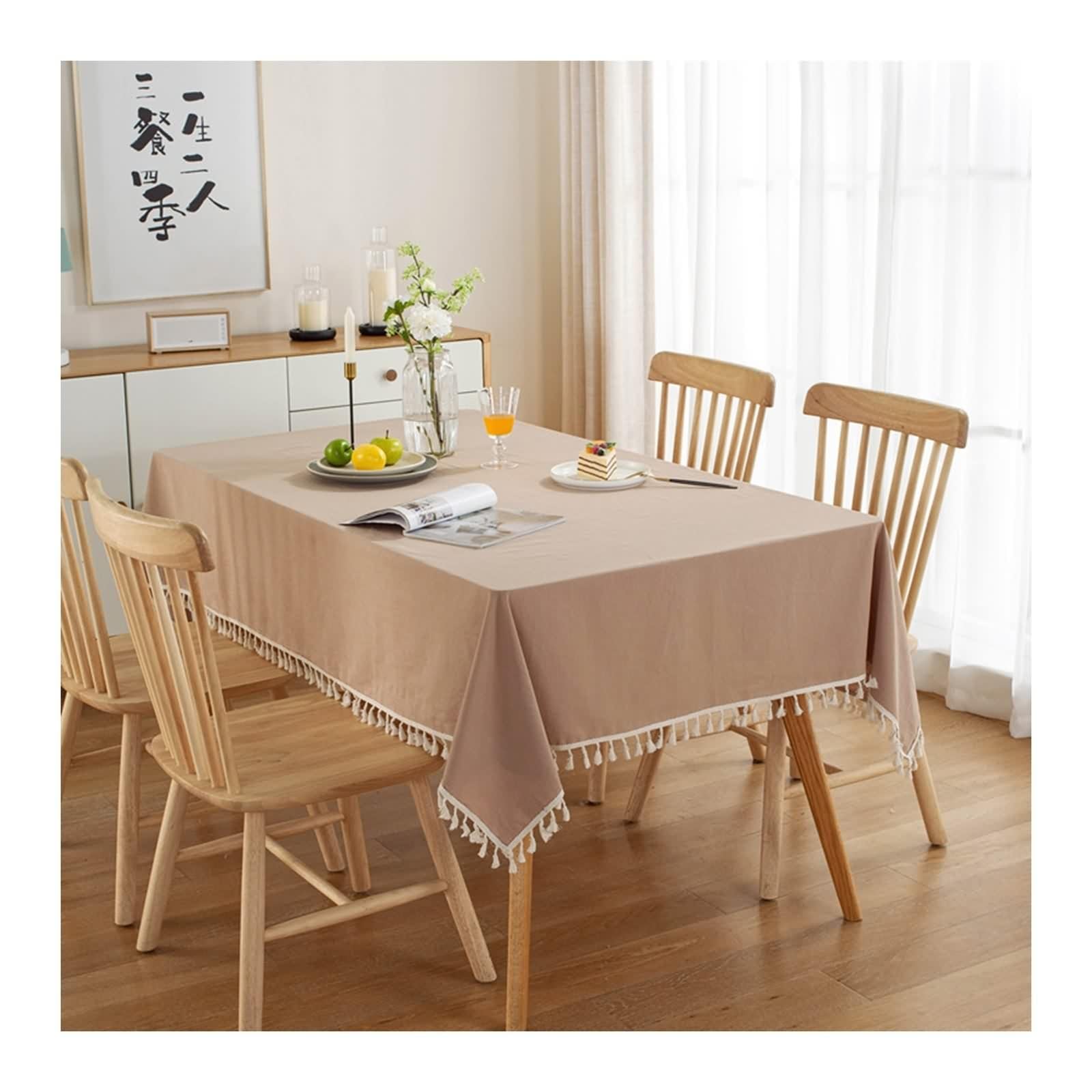 Tovaglia Cotone, Tovaglia Festa Beige Giallo Tinta Unita con Nappa Copritavolo 140X200CM per Soggiorno Cucina