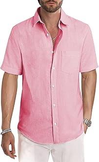 JMIERR Men's Casual Stylish Short Sleeve Button-Up Striped Dress Shirt Cotton Beach Shirts