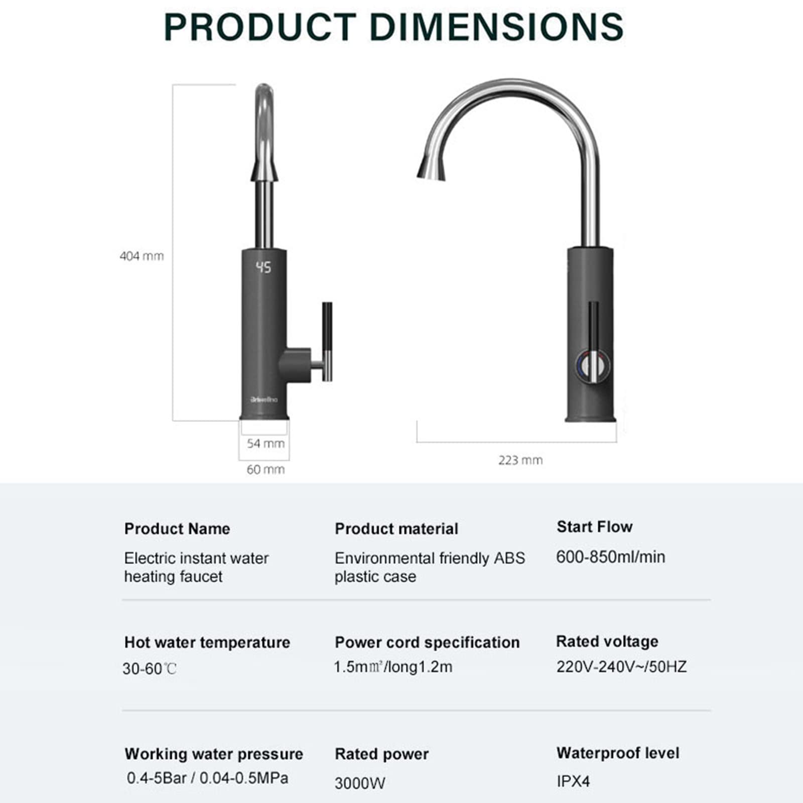 Rubinetto Cucina Nero, Rubinetto Scaldabagno Elettrico, Rubinetto Acqua Istantaneo Senza Serbatoio, Rubinetto Riscaldamento Rapido con Display Digitale a LED, Miscelatore Riscaldamento a Flusso