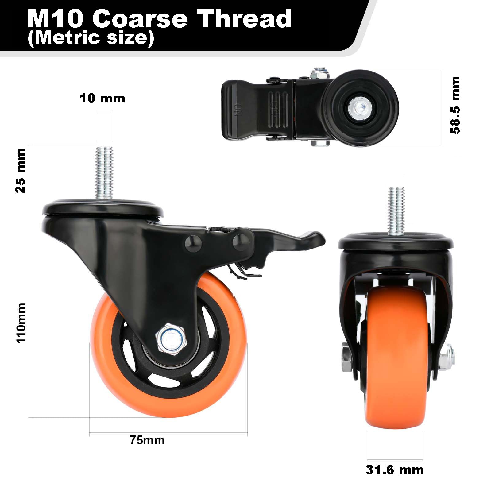 75 mm Ruote per carrelli M10-1.5 x 25 Ruote con Perno filettato Set da 4 per carichi Pesanti 450kg Bino Blocco Congegno & Silenzioso Ruote per Cavo Scaffalatura, Carrelli, Mobili
