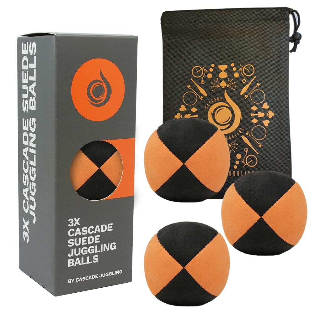 3 x Pro 110g Cascade Suede Juggling Balls - Quality Thud Balls & Bag - Set of 3 Beginner Juggling Set (Orange/Black)