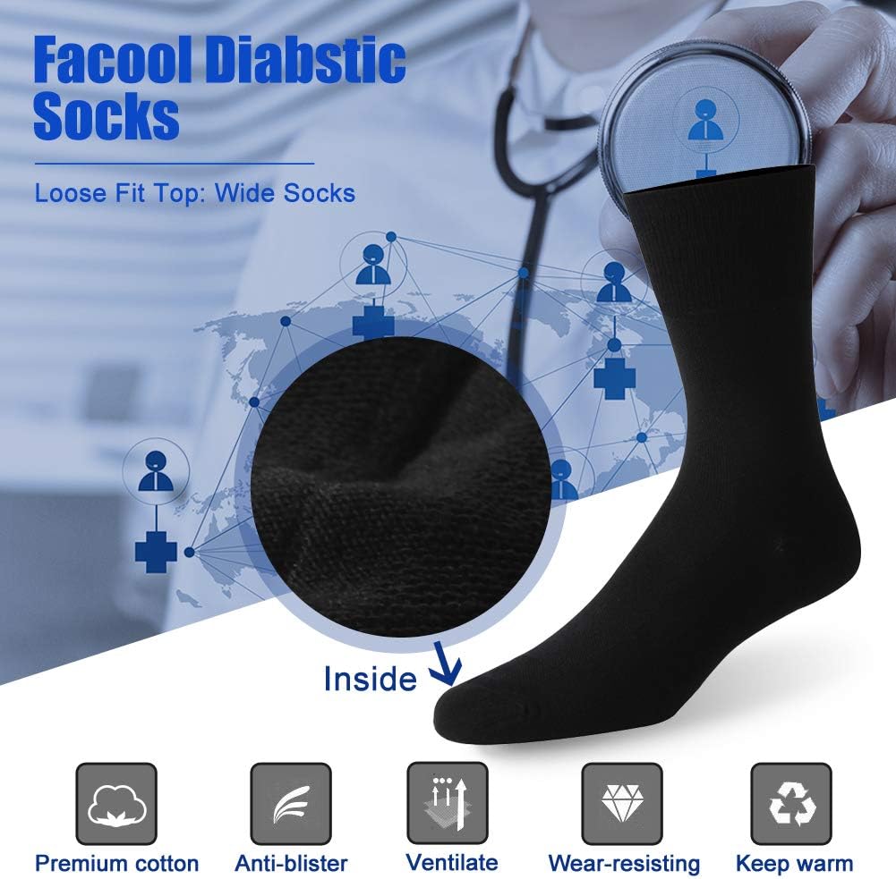 Facool Diabetic Dress Crew Socks for Men Women, Non-Binding Loose Top Seamless Toe Cotton Diabete Socks White/Grey/Black 6 Pairs XX-Large - Image 4