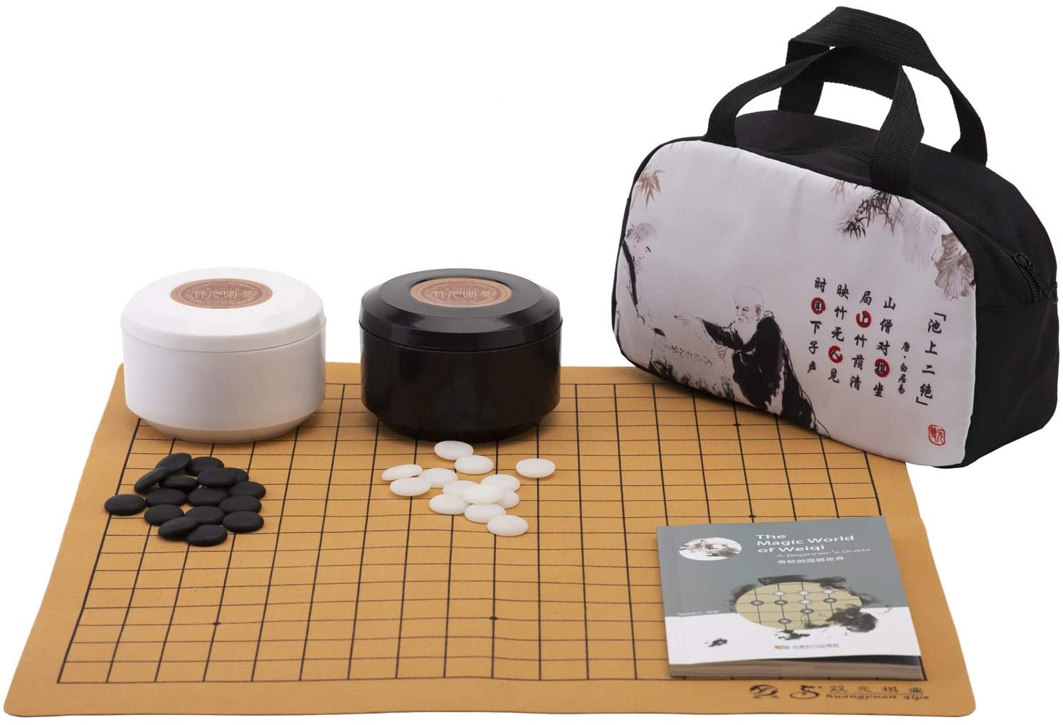 Travel Go Set Single Convex Ceramic Stones with 13x13 / 19x19 Roll Up and Foldable Chessboard Black and White Go Jar Classic Strategy Board Game (Baduk/Weiqi)
