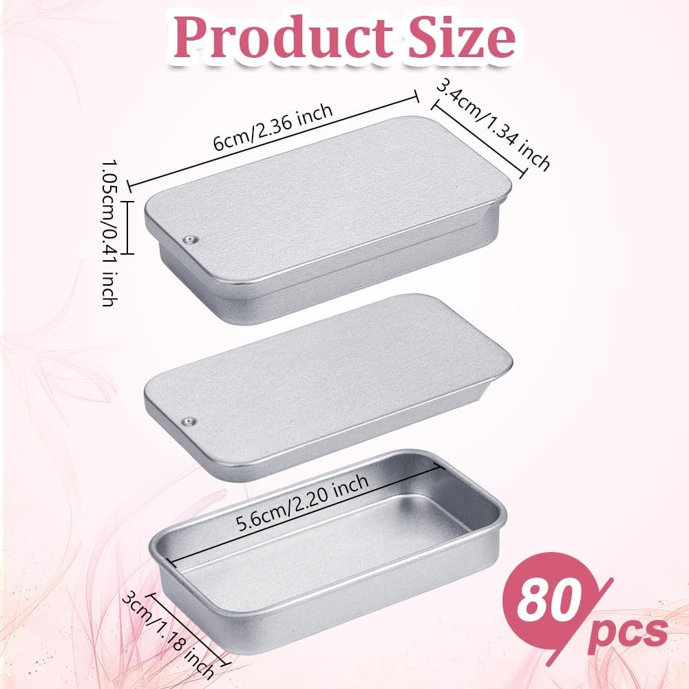 80Pcs Mini Metal Tin Box Containers, Small Slide Top Boxes with Lids Rectangular Metal Containers Crafts Storage Kit for Mother's Day DIY Projects Jewelry Cosmetic(2.36x1.34x0.41 Inch)