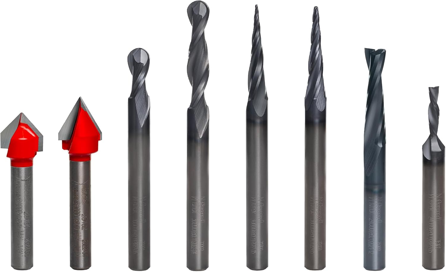 Freud 8 Piece CNC Router Bit General Purpose Set with Tico Hi-Density Carbide for Maximum Performance - Ideal for Wood, Plastics & Aluminum - 1/4" Shank, Black I.C.E. Coating - 87-208