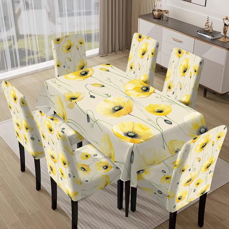 Nappe et housses de chaise coquelicots jaunes, ensemble de 5 à 7 pièces pour salle à manger