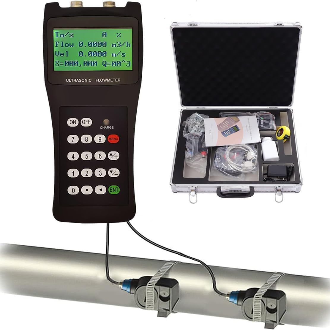 Caudalímetro portátil para líquidos, con Sensor de Pinza, para Agua. Rango de caudal: ±32 m/s (±104 pies/s), para tuberías de Cobre/PVC y Aguas residuales industriales All(DN15-6000)