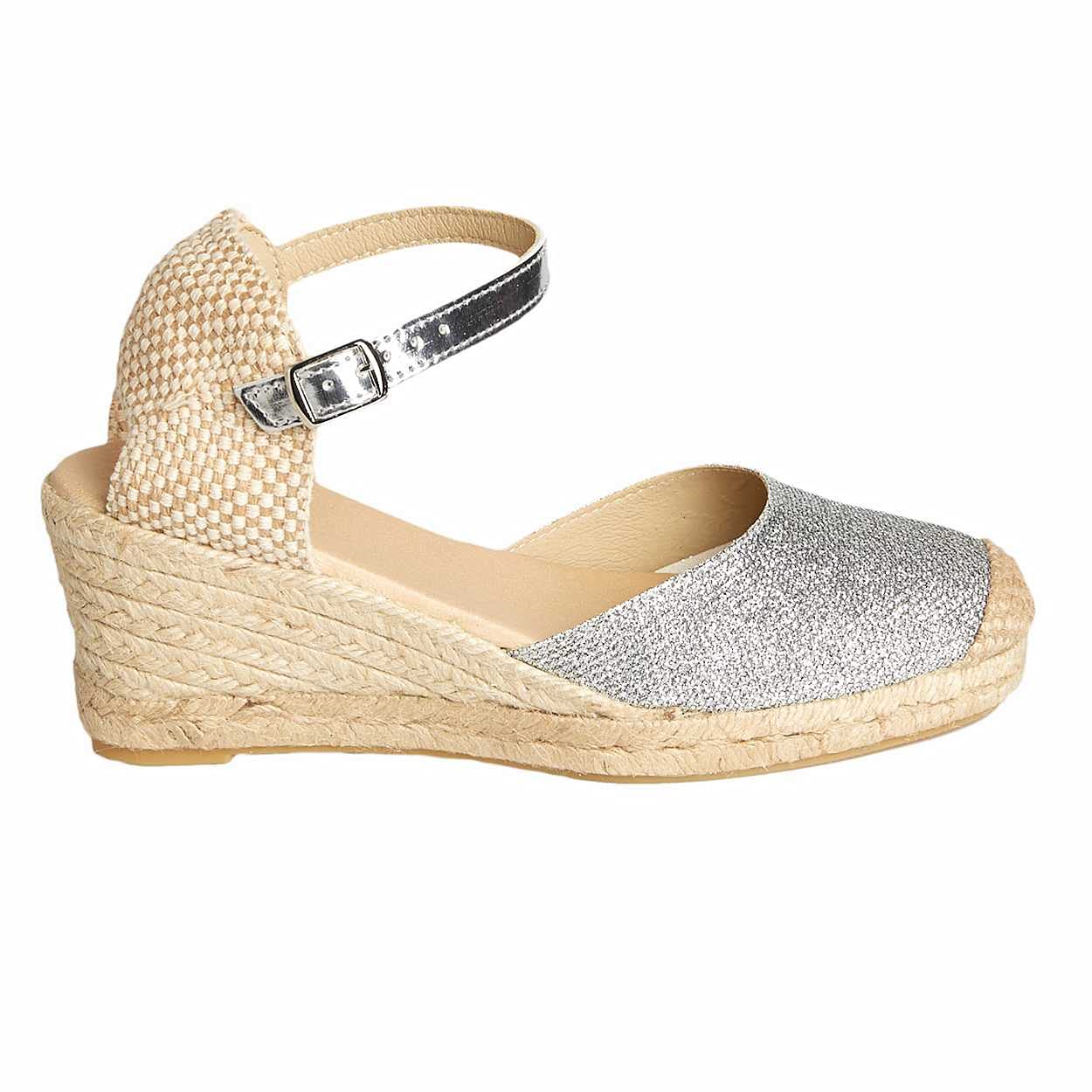 Non è lo stesso - Espadrillas in iuta con zeppa da donna | Sandali estivi piattaforma 5 corde Sparto con fibbia a punta chiusa | argento iridio colore stampato taglia 35 al 41