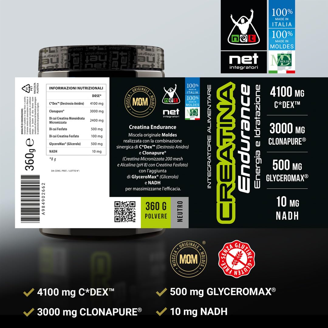 Net Integratori CREATINA ENDURANCE 360g - Creatina Monoidrata Micronizzata Clonapure - Maggiore Resistenza alla Fatica, Massimizza Forza, Potenza e Energia - Allenamenti ad Alta Intensità