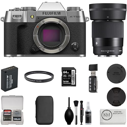 Fujifilm X-T50 Mirrorless Camera | Silver Bundle with Sigma 30mm f/1.4 DC DN Contemporary Lens + Filter + 64GB Memory Card + Battery + Cleaning Kit + Reader + Card Case + Cleaning Cloth (9 Items)