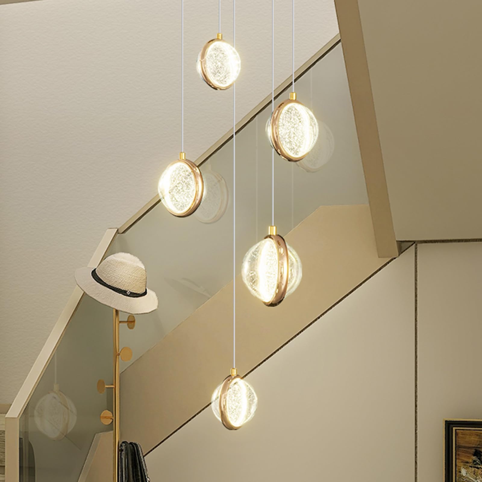 HMASNSEIY Ceiling Lamp Pendant Light Stair Lamp Chandelier Glass Ball Led Chandelier, Staircase Pendant Light Long Hanging Lights Adjustable Length Stairwells and Livin,5 heads-6 heads(5