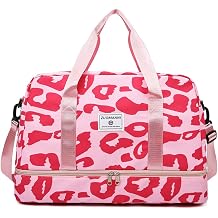 Gym Bag Women 42.43 L Large Capacity, with Wet Pocket & Shoes Compartment, Travel Duffel Weekender Womens, Carry on Overnight Totes Waterproof, Lightweight, Leopard Print, Pink