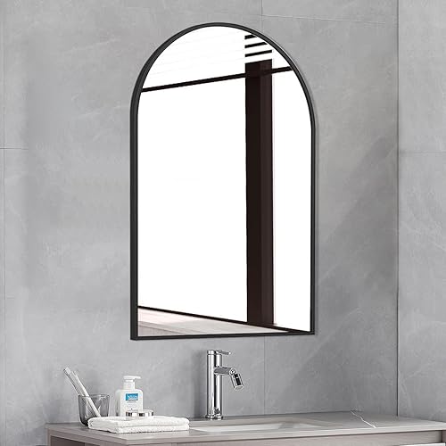 Dewfig Espejo de pared de 20 x 30 pulgadas, espejo de baño de pared arqueado, espejo de pared negro con marco de metal, espejo de pared moderno y