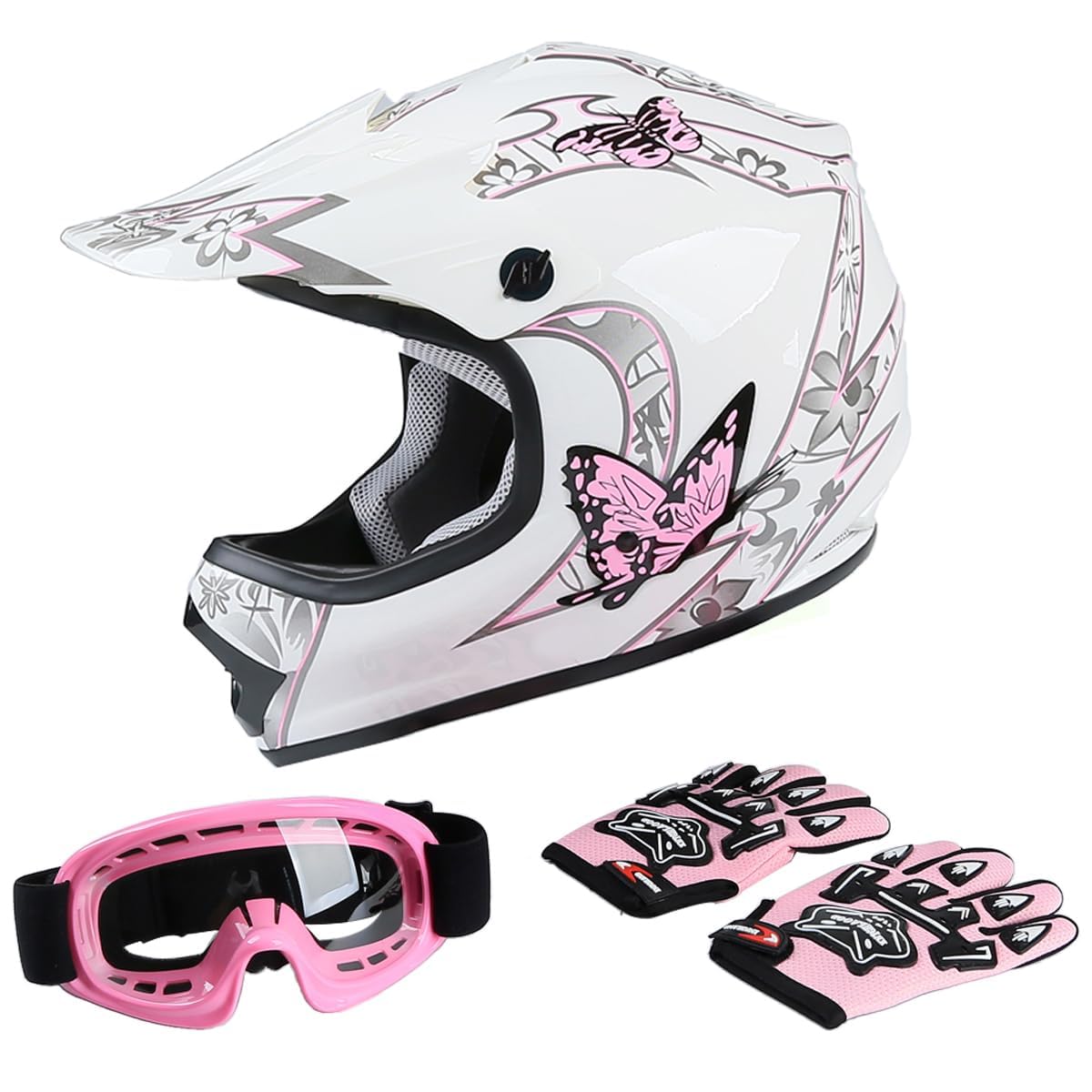 TCT-MOTORPARTSDOT Youth Kids Girls Motocross ATV Four Wheeler Helmets  Offroad Street Dirt Bike Go-Kart BMX MX Full Face Helmet Pink Butterfly  Samll