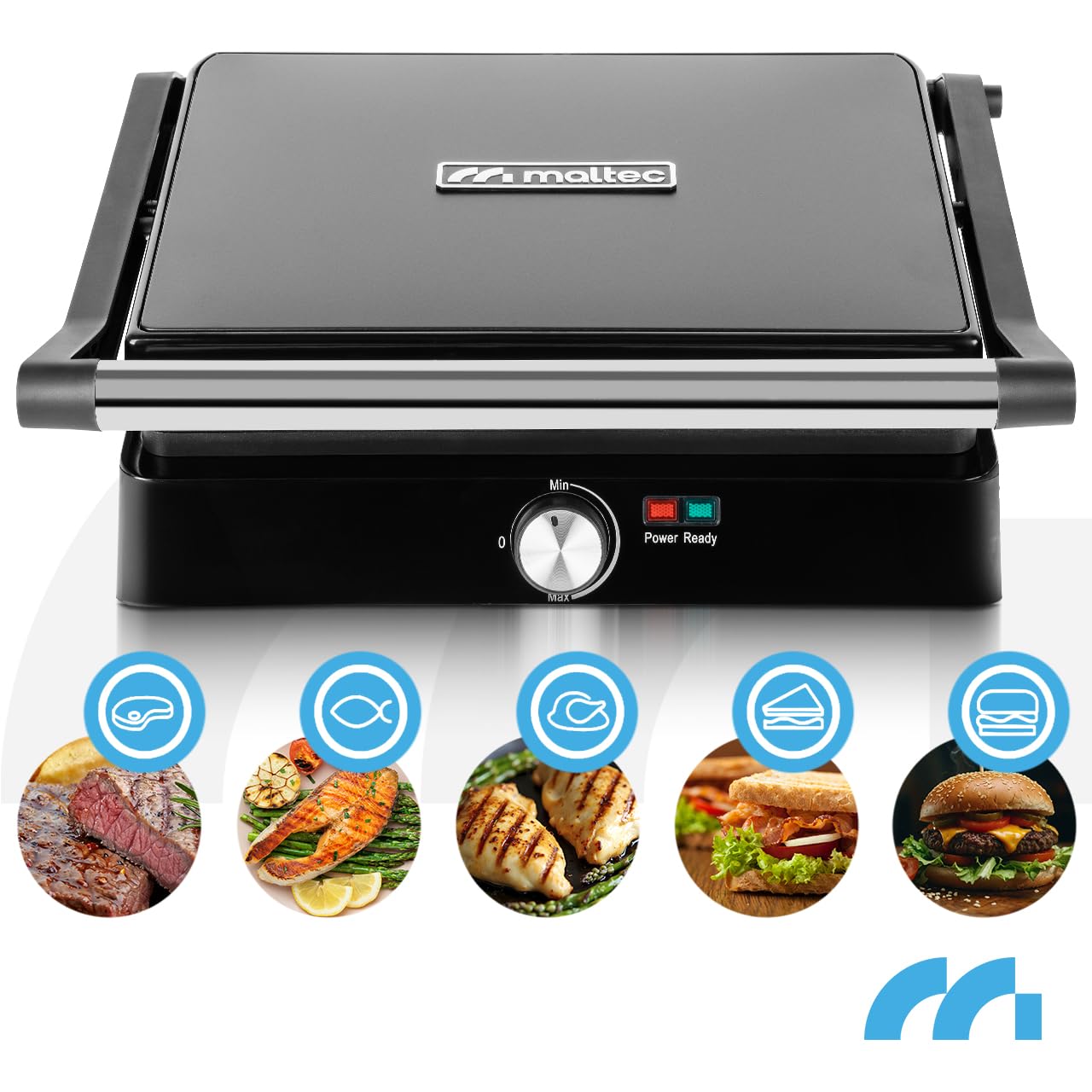 MalTec Kontaktgrill - Einstellbare Temperatur 180° aufklappbar. Große Grillfläche und hohe Power-Leistung. Teflonplatten verhindern das Anhaften und Fettauffangschale