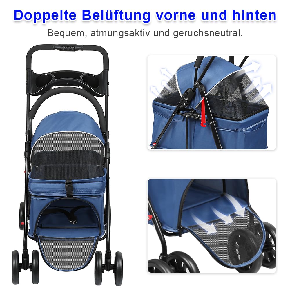 Carrito para Perros Plegable hasta 15 kg – Carro para Perros y Gatos con Cabina Desmontable, Estructura de Acero y Tejido Oxford Transpirable(Azul)