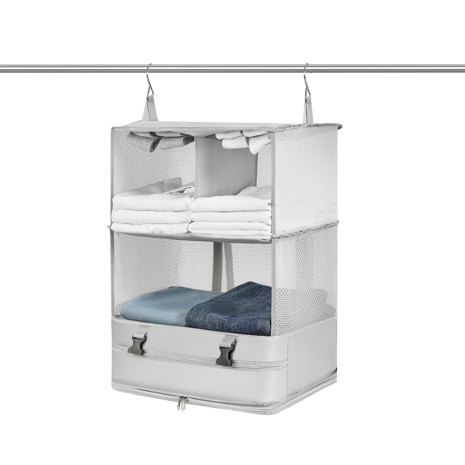 Glorlliant Hanging Packing Cube For Travel, Compression Carry On Closet Shelving Organizer, Travel Luggage Organizer Hanging Shelves, Hanging Travel Organizer Silver gray XL size 44x30x64cm