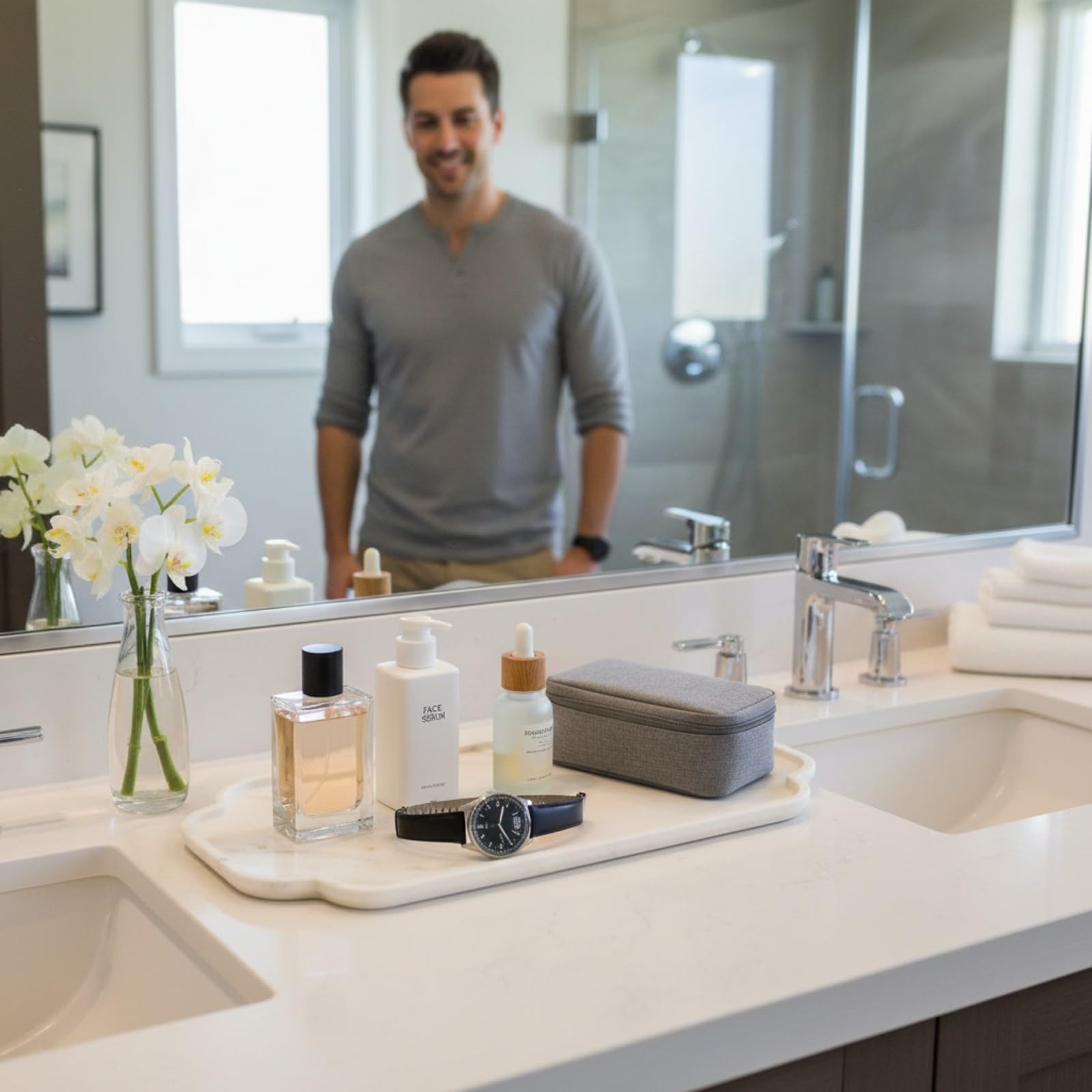 Marmor Vassoio da bagno in vero marmo naturale per profumi, candele, gioielli in pietra, organizer per bagno e cucina, decorazione per la casa (piatto lungo in pizzo marmo dorato Calacatta)