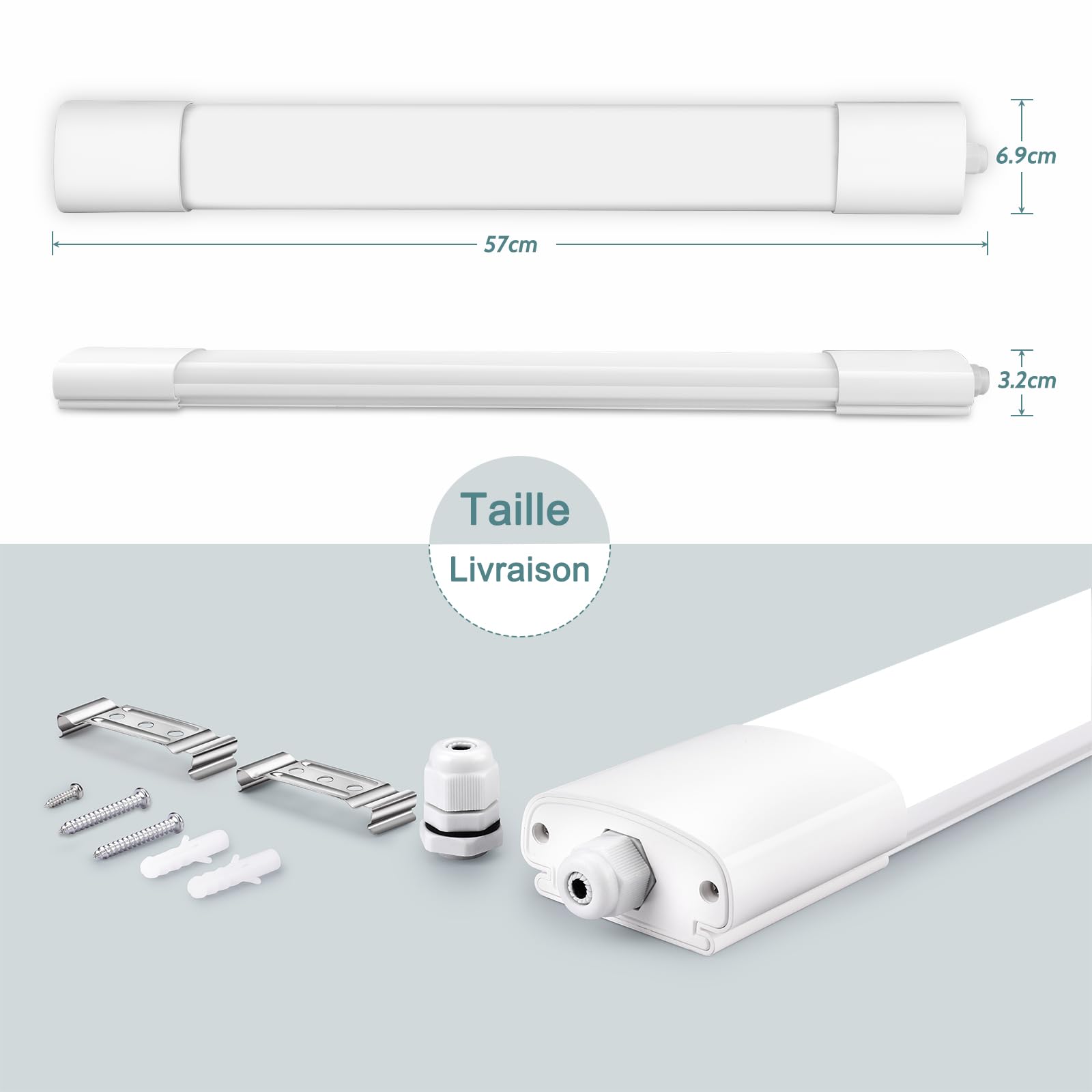 Lot de 3 luminaires LED pour pièces humides 60CM, 20W 2200LM plafonnier 4000K blanc neutre, plafonnier LED d'atelier avec IP65 étanche, tube néon blanc comme lampe de salon, lampe de cuisine