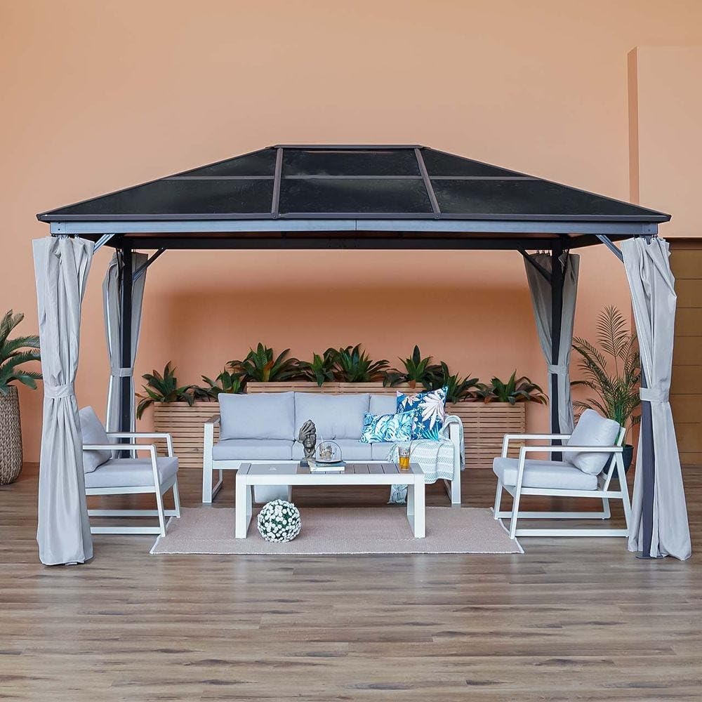 Sponsored Ad – Danube Home Veora Gazebo Aluminum Frame With Polycarbonate Roof | Rectangle Shape With Curtain | Water And Uv Resistant Garden Patio Canopy | Modern Outdoor Furniture 3X4 Meter - Grey