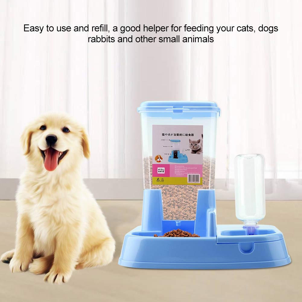 Alimentatore Automatico per Cani e Gatti Distributore di Cibo e Acqua 2 in 1 Materiale Ecologico Grande capacità 500 Ml 34 * 27 * 35 Cm (Blu)