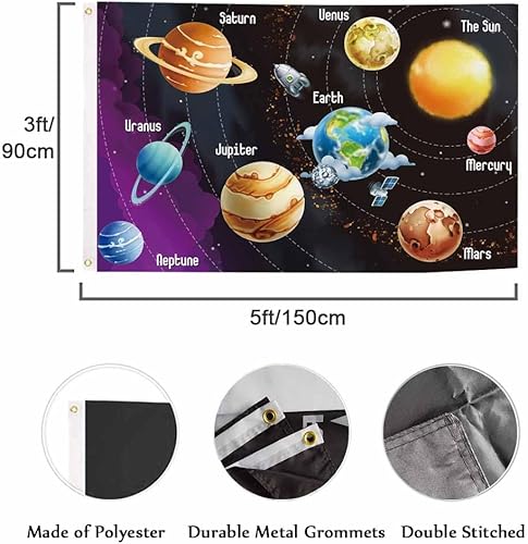 Miniatura 2 de Swono Bandera del sistema solar de 3 x 5 pies, planetas, cohetes, sol, tierra, doble cara, doble costura con ojales de latón