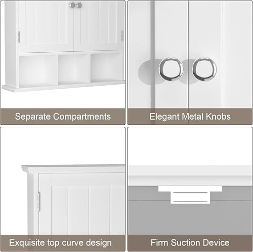 Miniatura 10 de ChooChoo Armario de baño montado en la pared de 2 puertas con 3 estantes abiertos, botiquines de madera con estante ajustable, armarios de