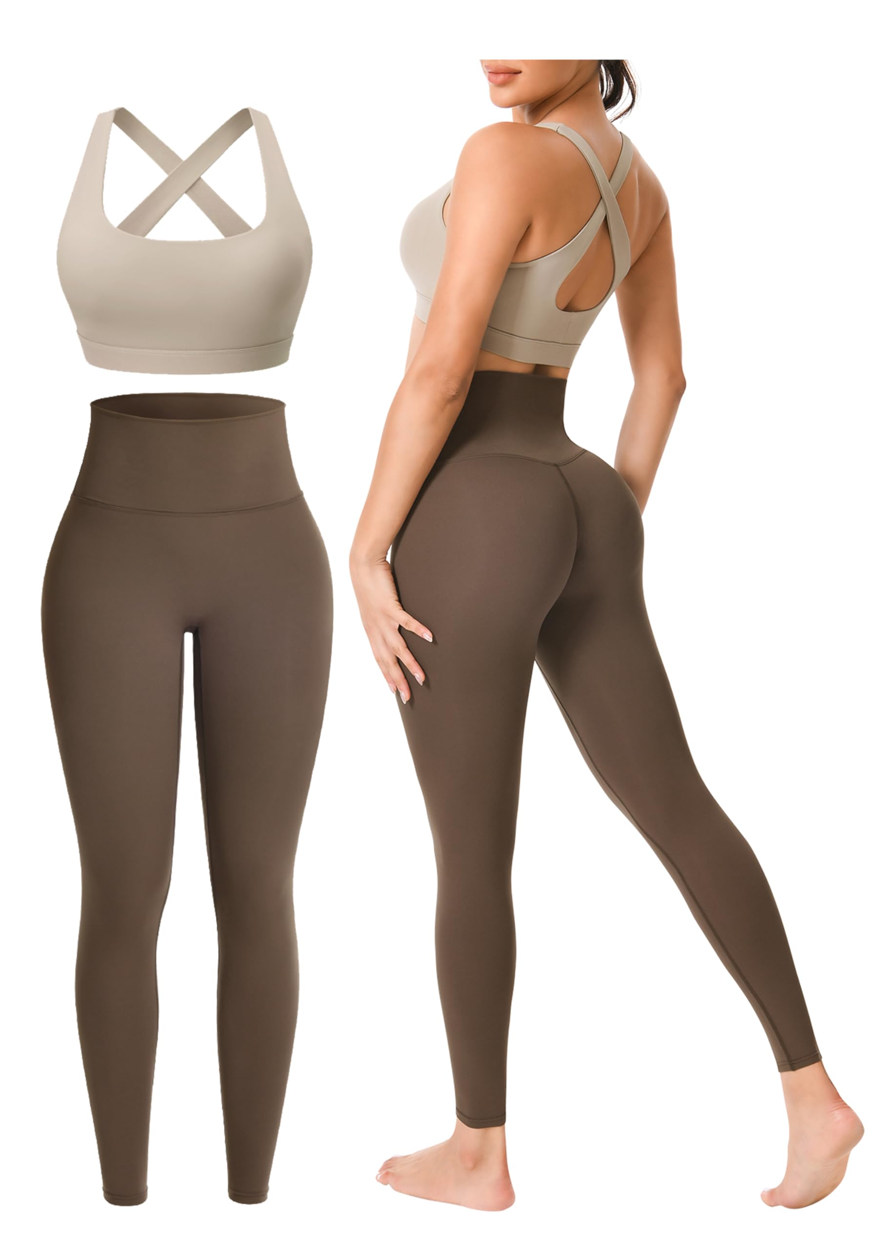 Workout Sets for Women 2 Piece Seamless High-Waisted Leggings Cross Back Padded Sports Bra for Yoga Pilates