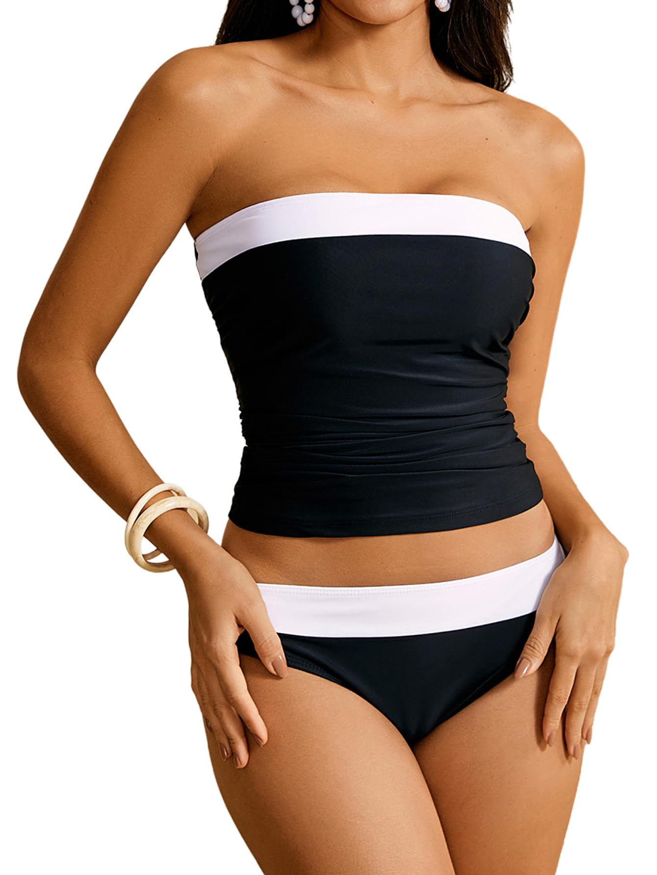 WDIRARA Women's 2 Piece Color Block Tankini Set Bandeau Strapless Ruched Bathing Swimsuit