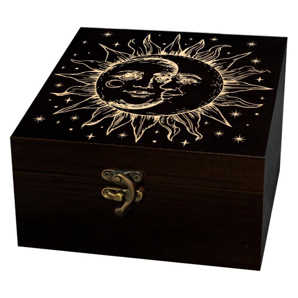arricraft 1 Pc Wooden Keepsake Storage Box, Sun-Moon Vector Diagram Square Pine Memory Box for Anniversary Jewelry Board Storage 12x12x6cm (4.72x4.72x2.36 inches)