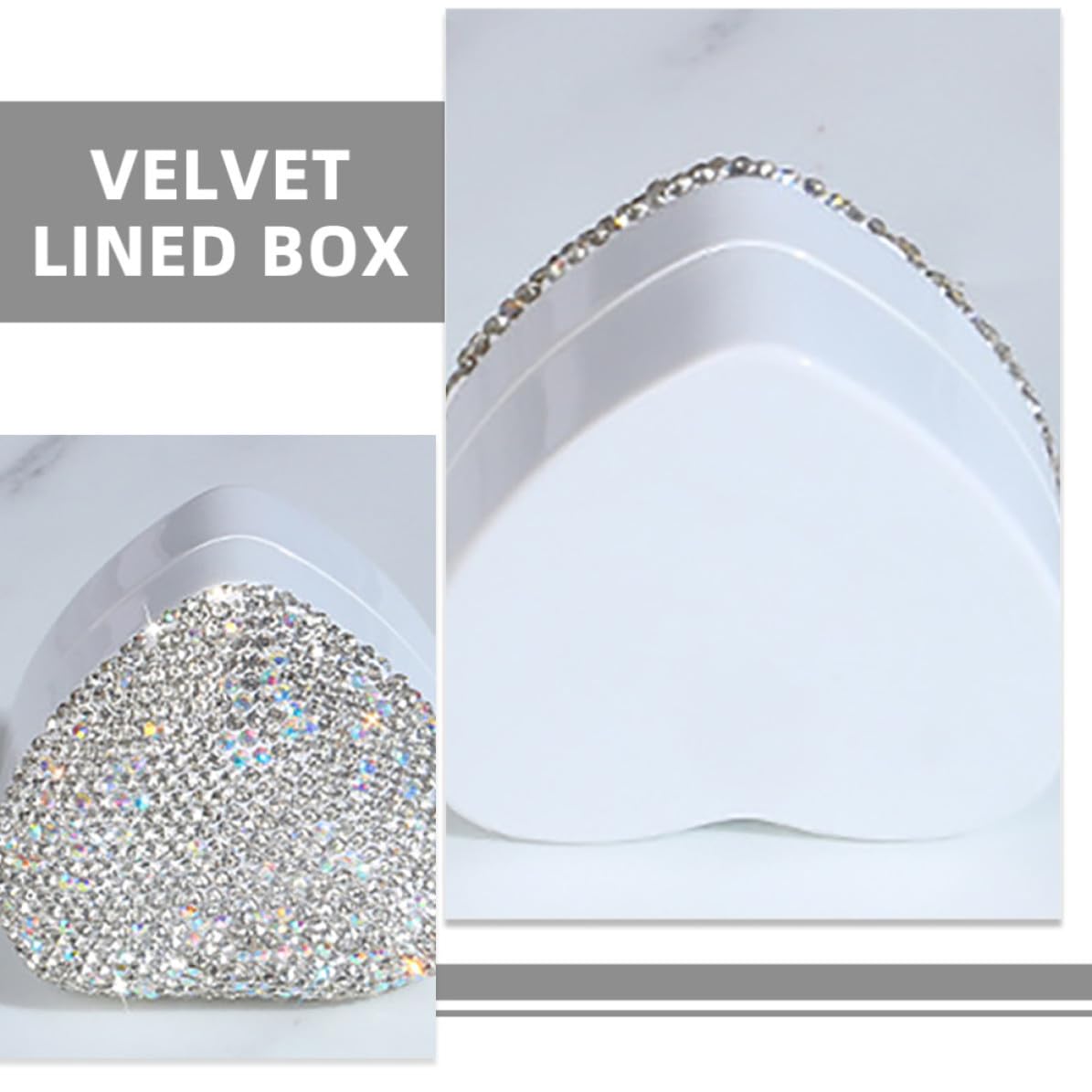 TOPBATHY 4 Pezzi Cofanetto Gioielli a Cuore con Strass, Argento, per Anelli | Plastica Floccata, Inserto Rimovibile, Illuminazione Automatica, per Nozze e Anniversario, Decorazione Romantica