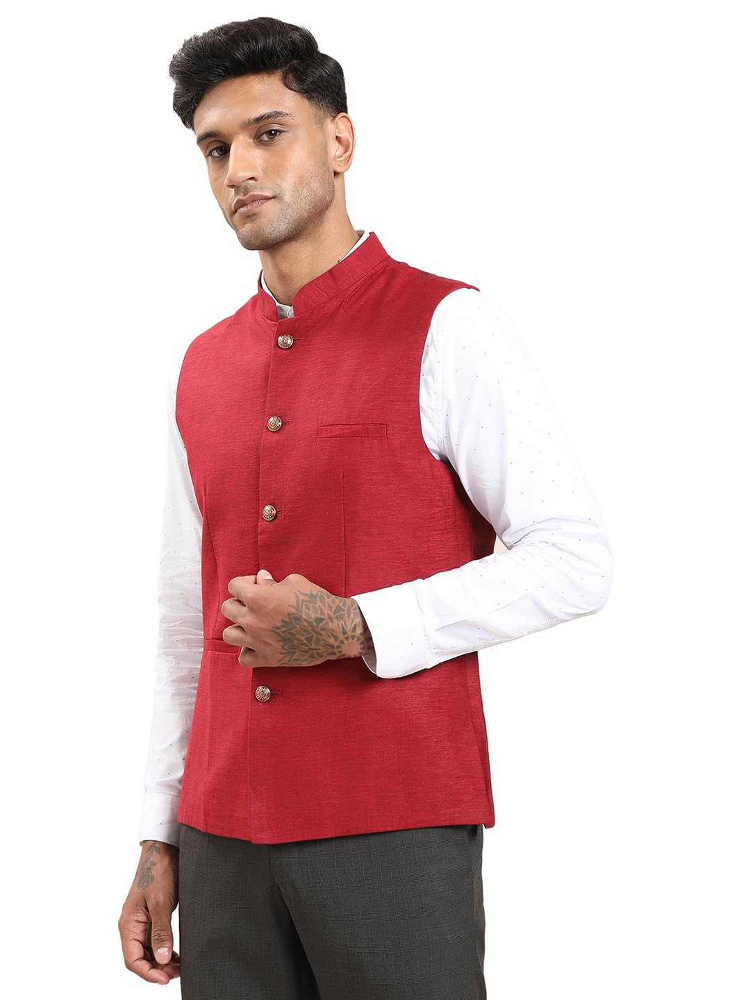 turtle Men Polycotton Solid Slim Fit Red Nehru Jacket||Waistcoat-picture-25