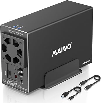 MAIWO Dual Bay Hard Drive RAID Enclosure with Cooling Fan for 2.5/3.5 inch SATA SSD/HDD, 10Gbps USB C 3.1 HDD Enclosure, 48TB Capacity, RAID 0/1/JBOD/PM, Aluminum Case
