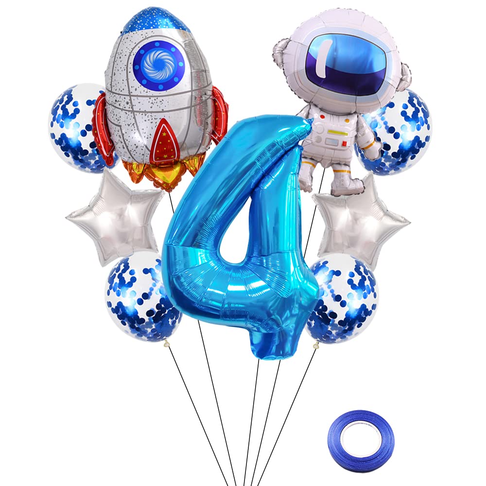 Kawailay Astronaut Rocket 4th Birthday Party Balloons Jumbo Spaceman Birthday Balloons Outer Space Theme Foil Balloons 32 Inch Blue Number 4 Helium Balloon for Birthday Party