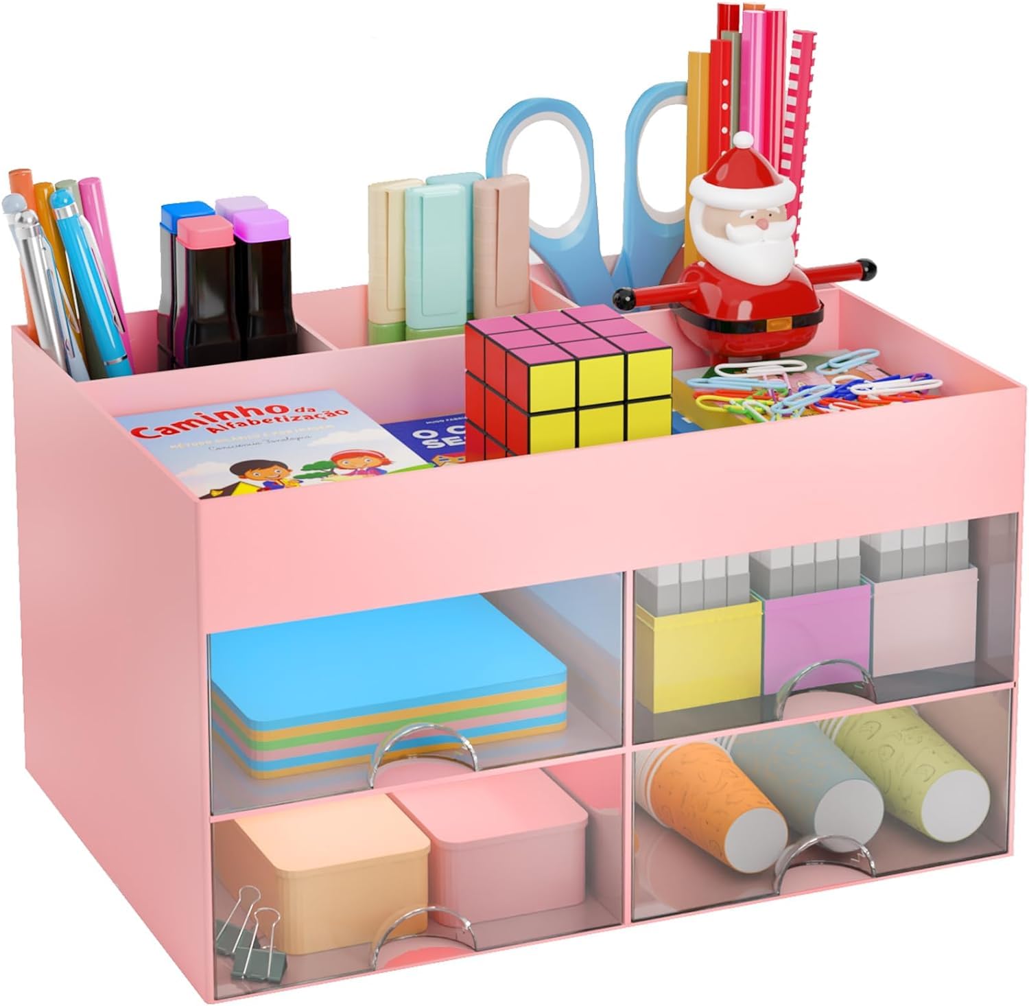 Wlevzzor Organizador De Maquillaje, Organizador De CosméTicos De Mesa De PláStico Con CajóN, Organizador De Escritorio Multifuncional, Soporte Para BolíGrafos, Para Escuela, Oficina, Hogar (Rosa)