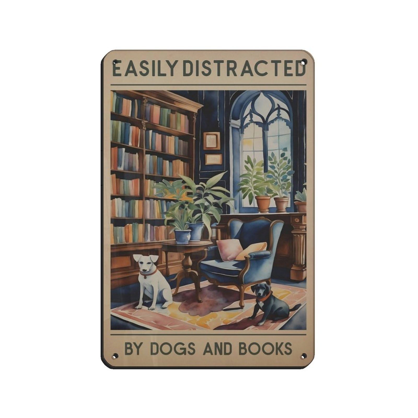 Dog And Books Poster,labradors in A Library Poster Tin Sign Vintage Metal Pub Club Cafe Bar Home Wall Art Decoration Poster Retro 8x12inch(20x30cm)