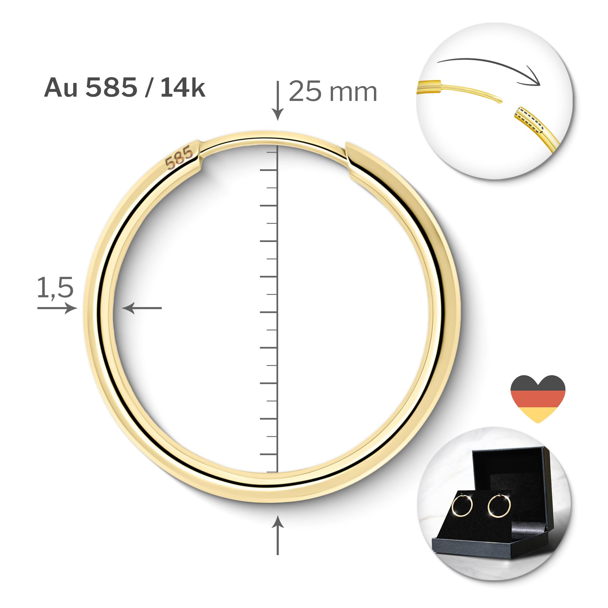 EDELIND Pendientes de aro finos 25mm 8K 9K 14K 18K Oro amarillo Aros de oro para mujer hombre ancho 1.5mm Aretes de mujer con Caja de regalo de joyería