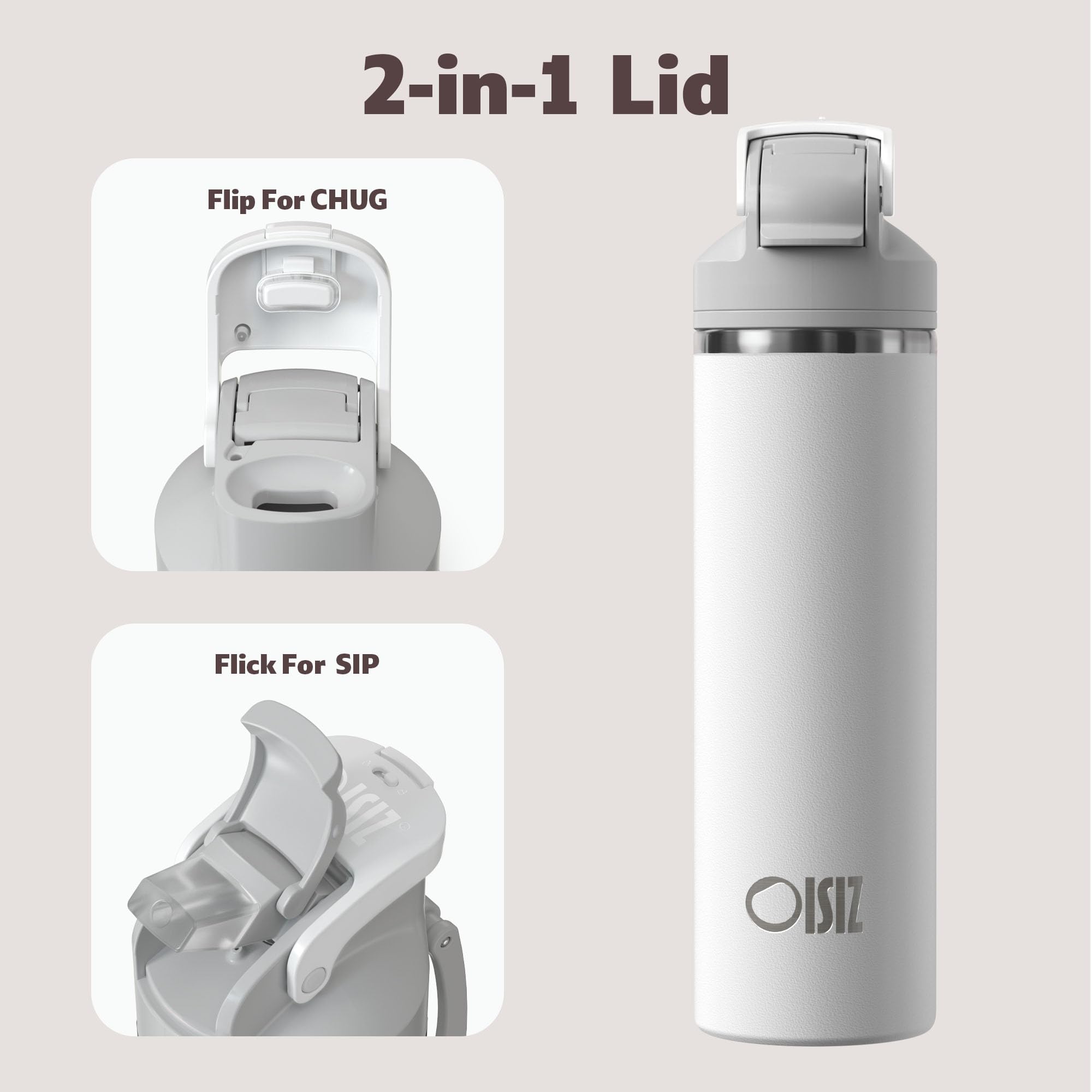 OISIZ Bouteille d'eau isotherme de 710 ml avec bec verseur 2 en 1 et couvercle à paille, verrouillage de sécurité en un clic, 100 % étanche, garde au froid 24 h, bouteille d'eau sous vide en acier