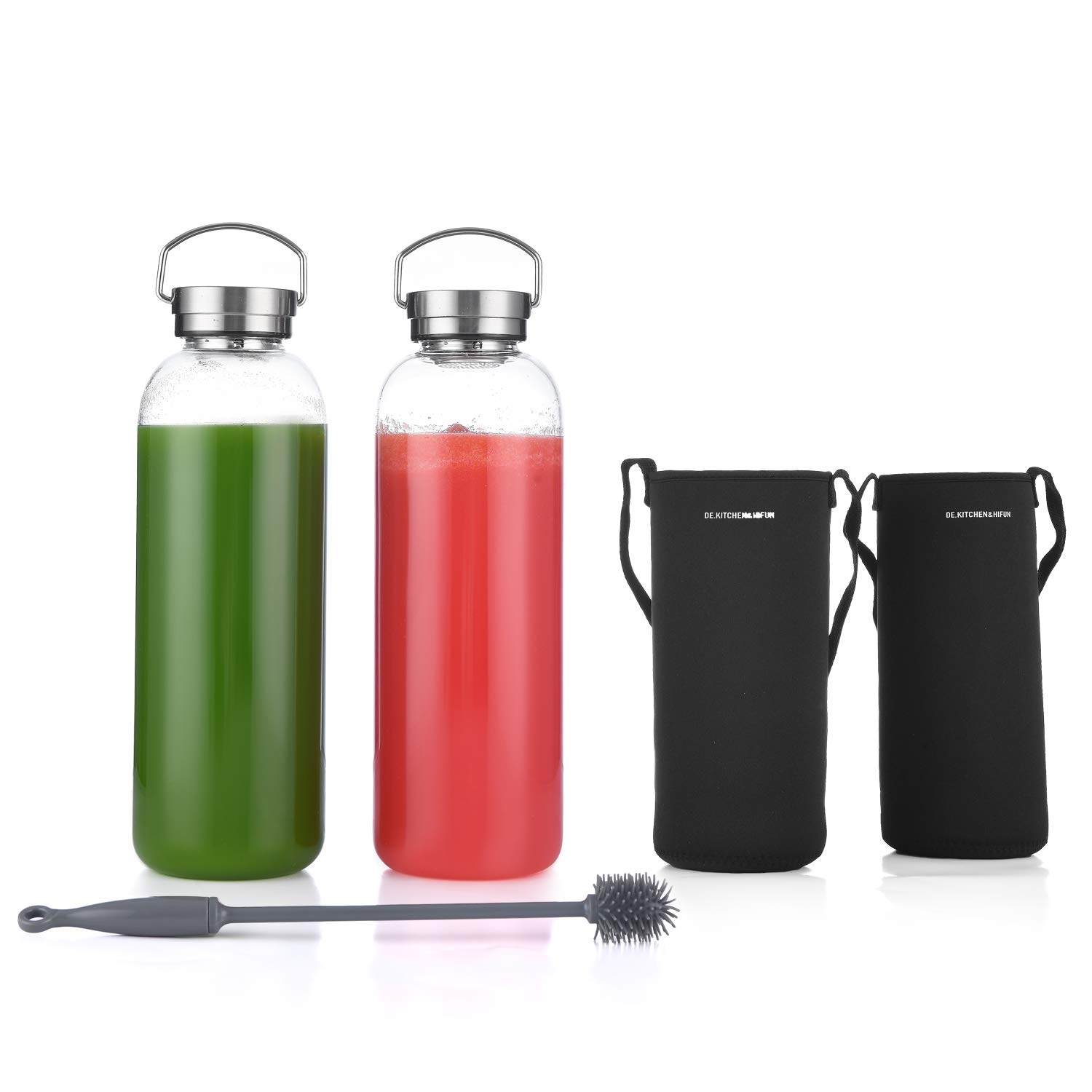 DE.KITCHEN&HIFUN Bouteille d'eau en verre borosilicate 2000 ml - Large bouteille d'eau en verre avec filtre en acier - 2 l