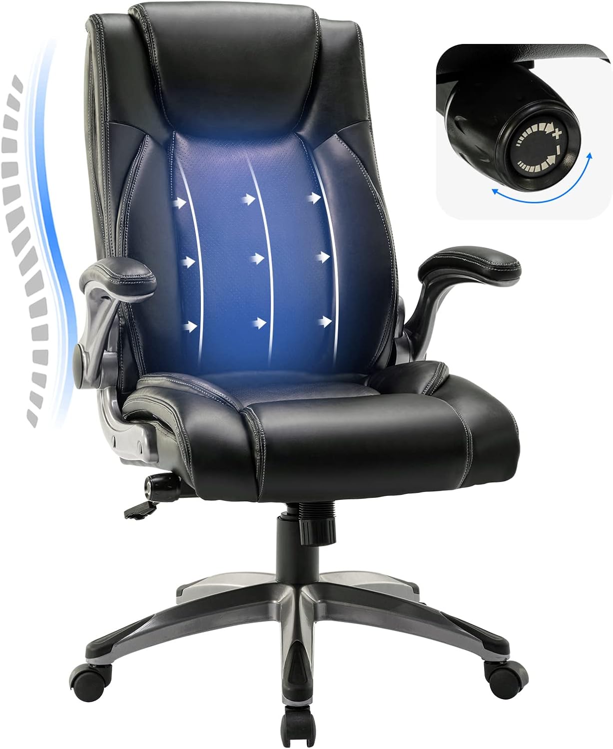COLAMY Office Chair, Executive High Back Computer Chair, Ergonomic Chair with Adjustable Lumbar Support, Thick Leather Desk Chair Flip-up Arms, Swivel Rolling Work Chair for Adults, Men, Women (Black)