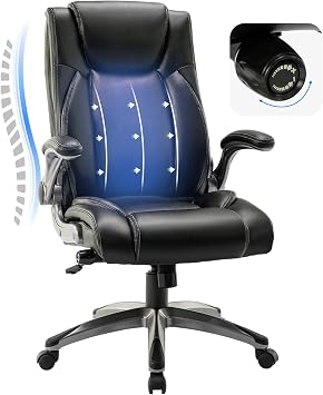COLAMY Office Chair, Executive High Back Computer Chair, Ergonomic Chair with Adjustable Lumbar Support, Thick Leather Desk Chair Flip-up Arms, Swivel Rolling Work Chair for Adults, Men, Women Black