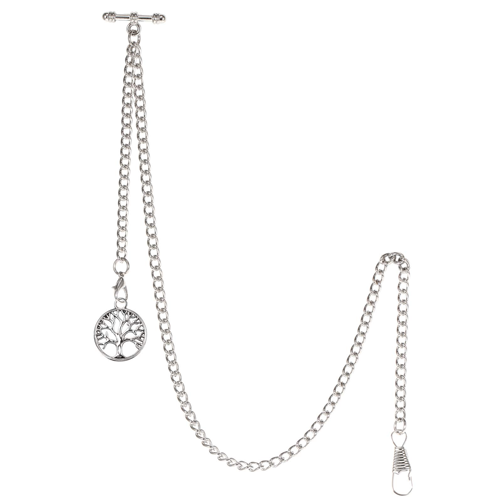 Men's Albert Chain Pocket Watch Curb Link Key Chain 2 Hooks with Antique Life Tree Pendant Design Charm Fob T Bar