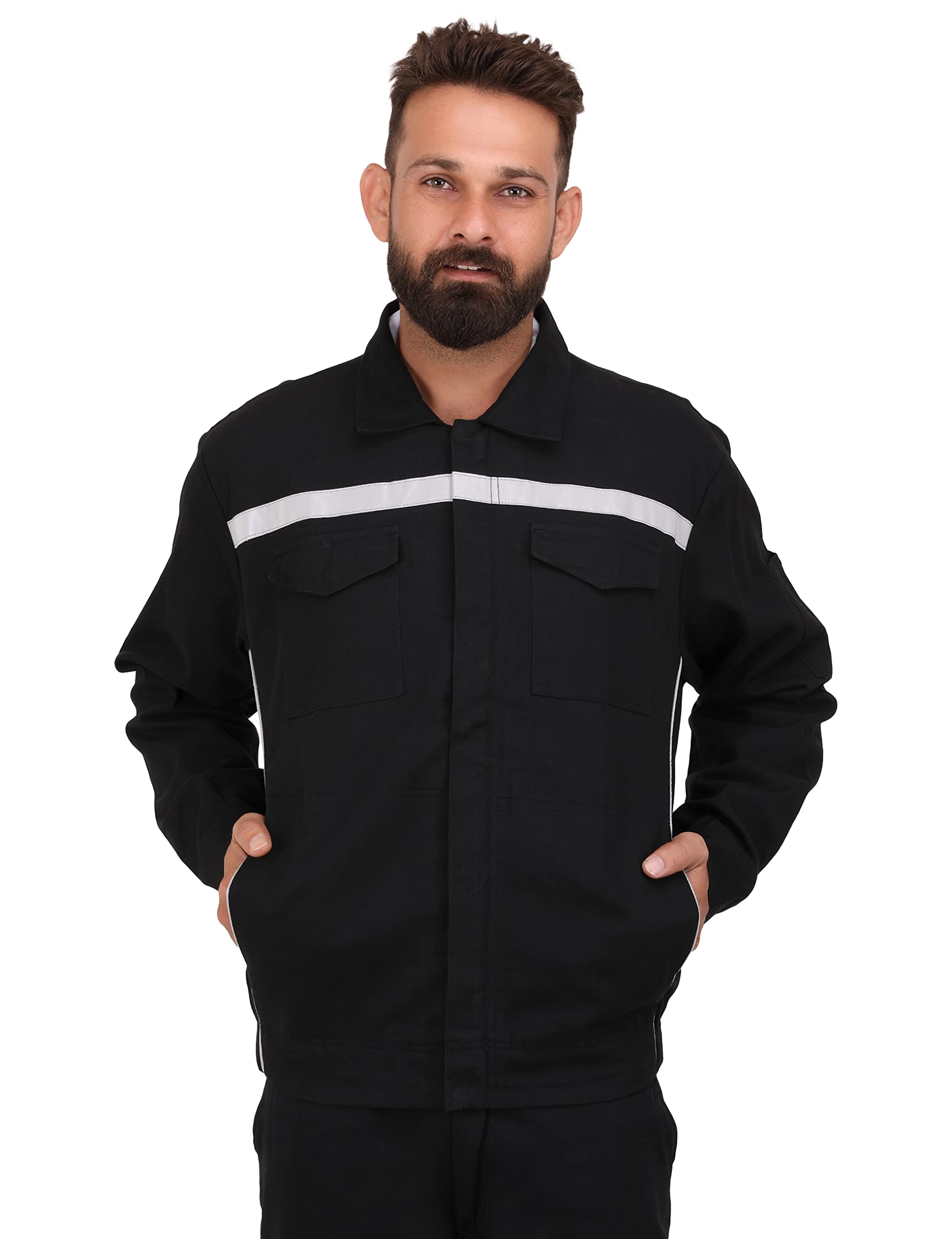 Workwear Men's Safety Cotton Jacket with Reflective Piping