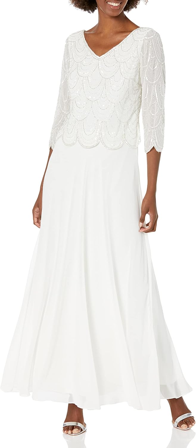 J Kara Womens 3/4 Sleeve with Scallop Beaded Pop Over Gown