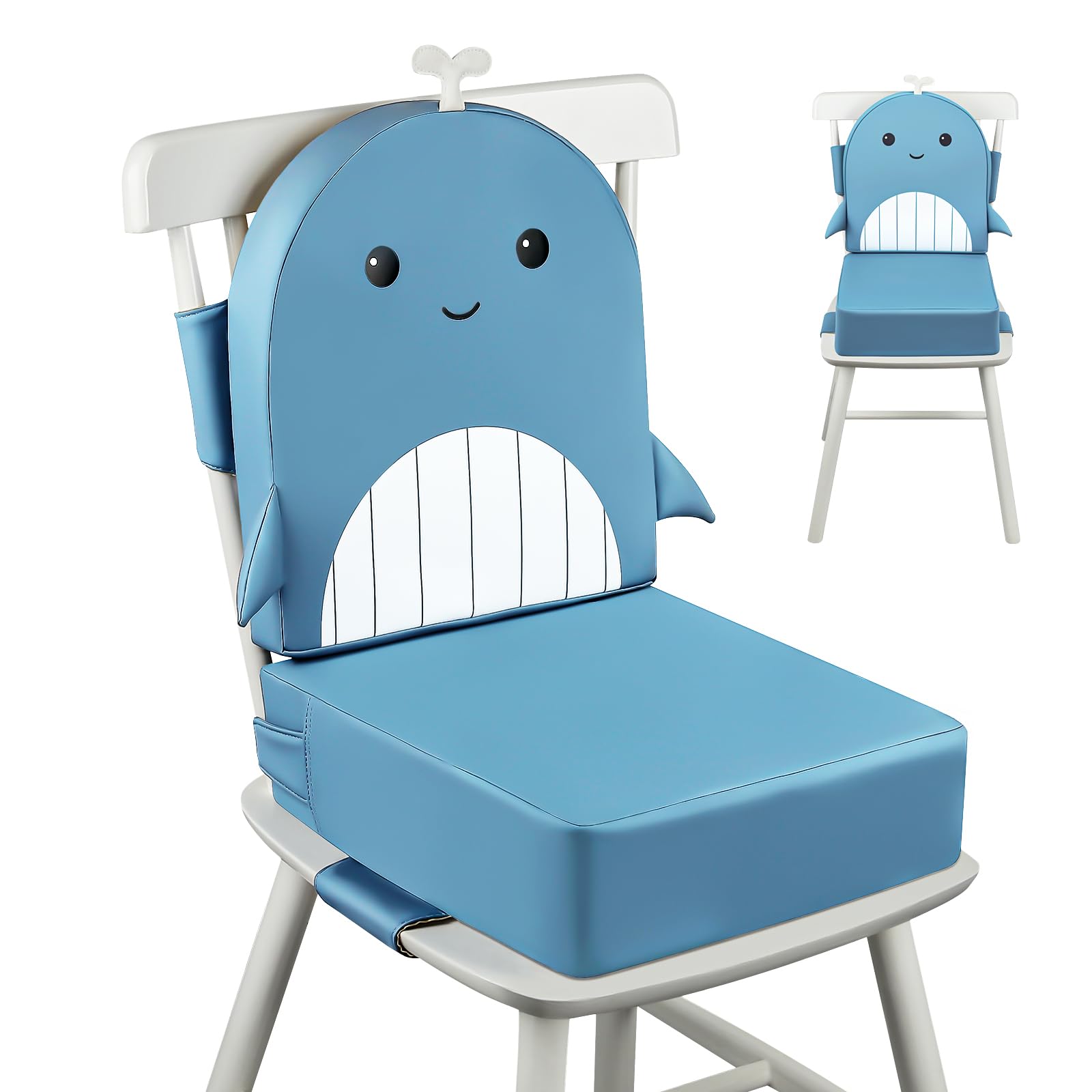 Wooshwa SitzerhöHung Stuhl Kind, 10cm PU Waschbar Sicherheitsgurt Verstellbar Stuhlkissen Kinder - Wal Blau