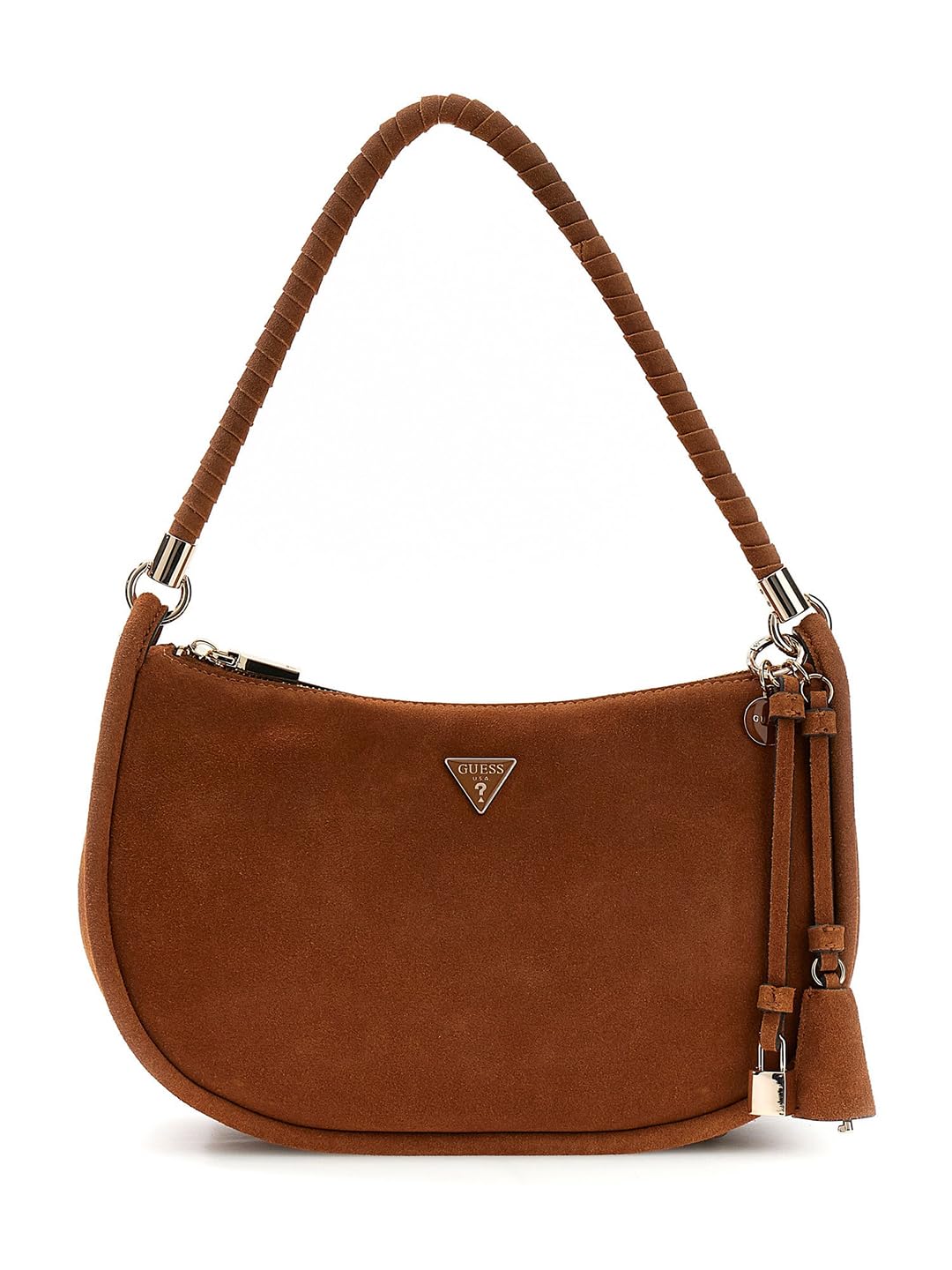 GUESS Brązowa zamszowa torebka hobo z plecionym uchwytem, styl casual z ozdobnym urokiem