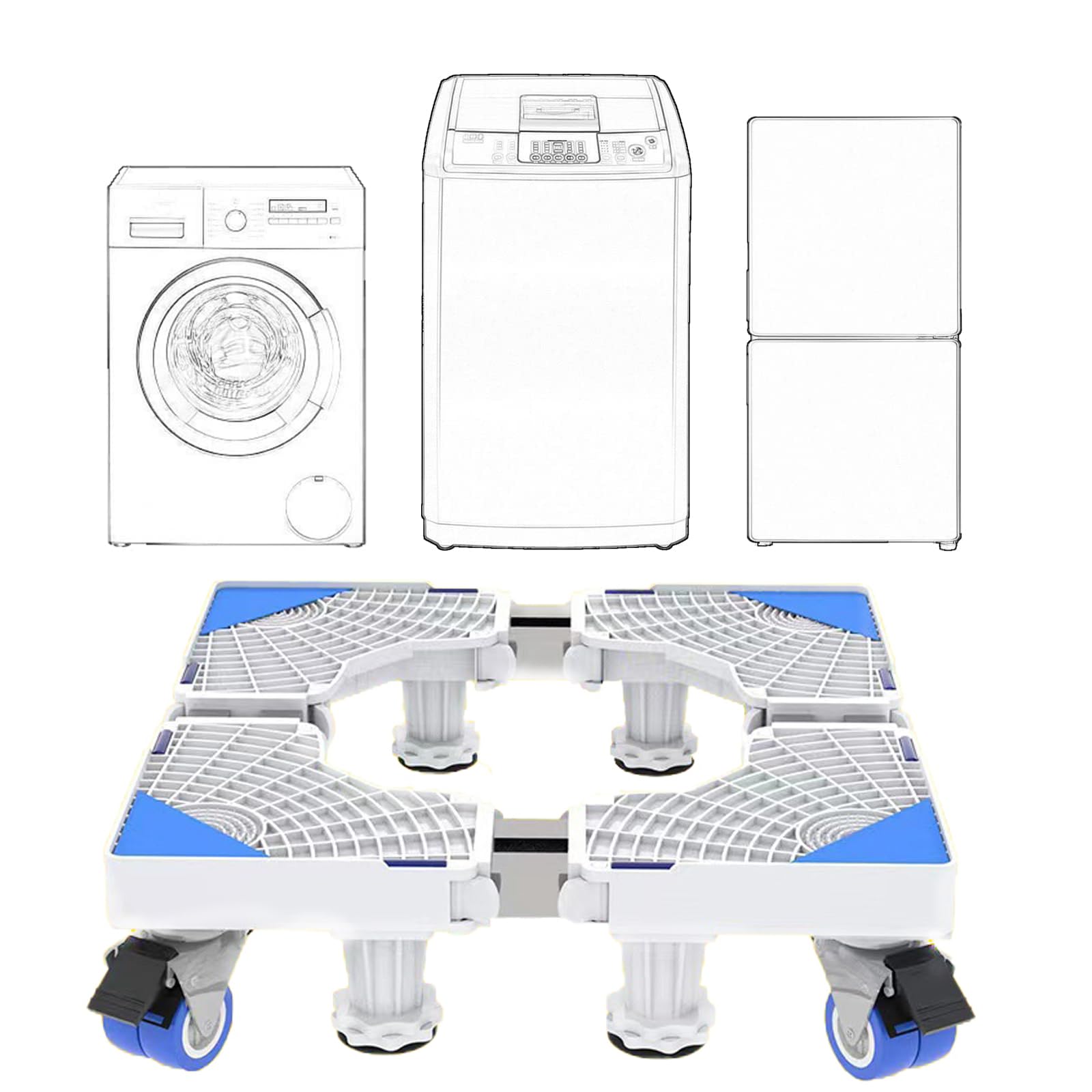 Base extraíble para lavadora, base ajustable de 41 a 64 cm, para secadora, frigorífico, alta resistencia, amortiguador y reducción de ruido [clase energética A+++] (4 patas y 4 ruedas)