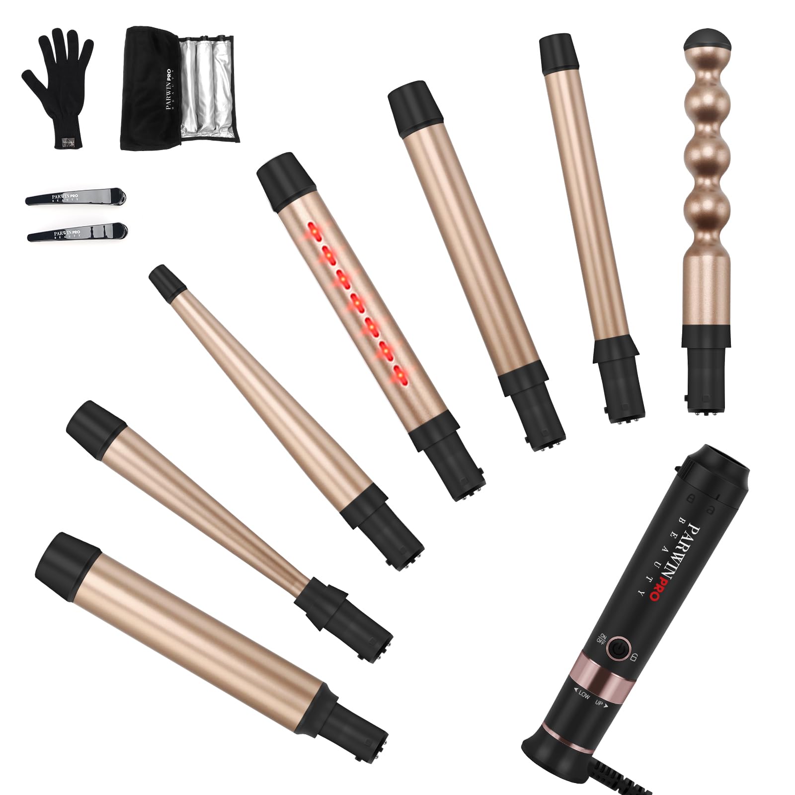 PARWIN PRO BEAUTY Curling Iron Wand Set, 7 in-1 Ceramic Barrel Interchangeable with Infrared, Dual Voltage, Auto Shut Off, Includes 3/4in, 1in, 1inch, 1 1/4inch, 1-1/2in, 1/2-1in, 1in Bubble Wand
